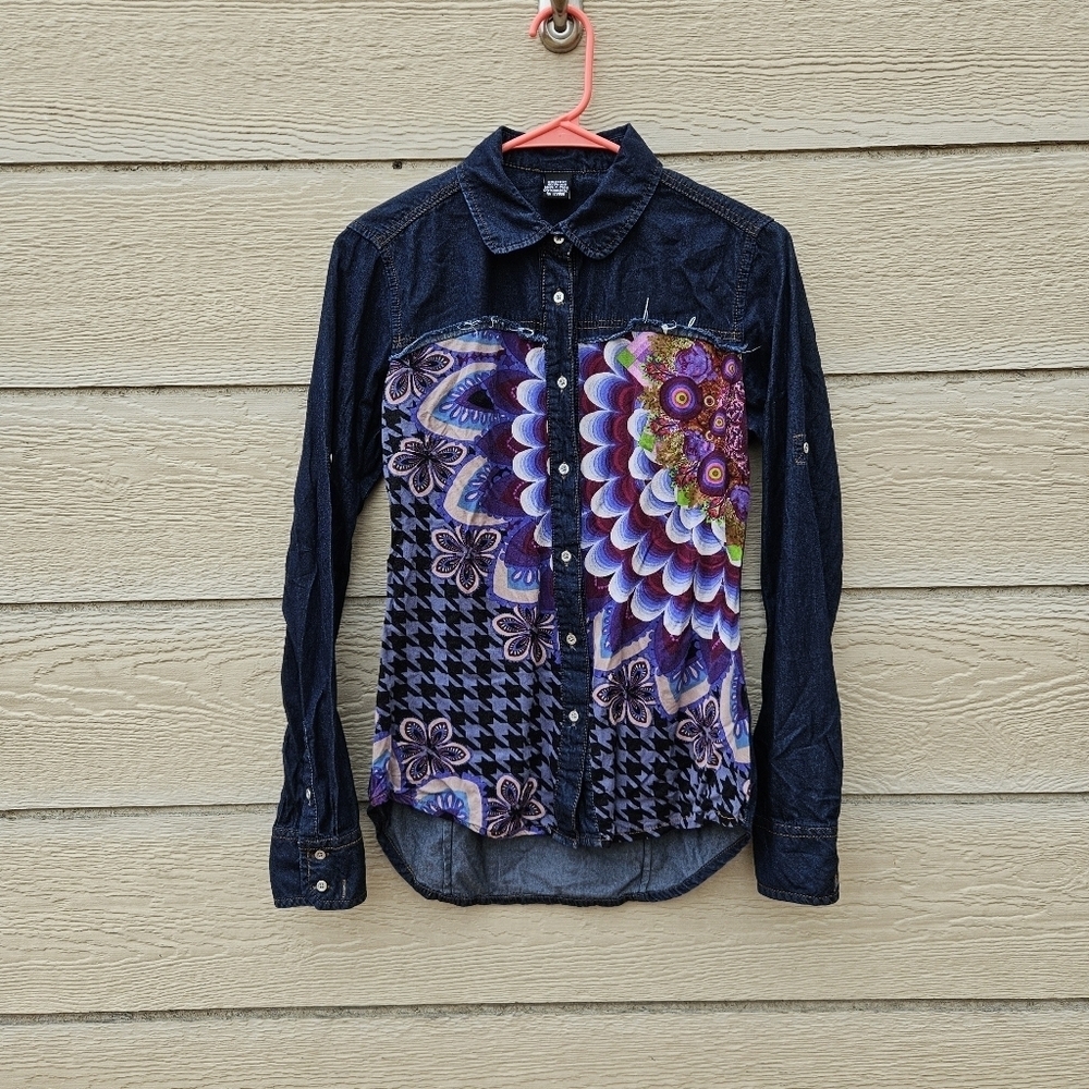 Desigual mixed media button front shirt dark chambray patterned size medium - Picture 1 of 9